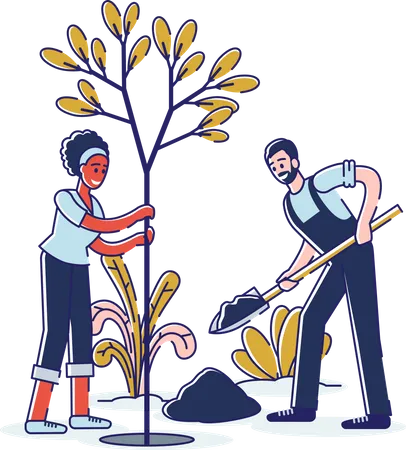 Couple doing plantation and planting tree together  Illustration