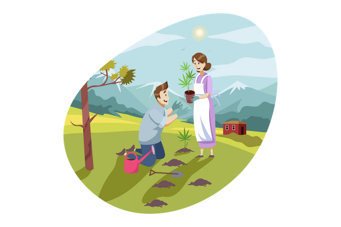 Couple doing plantation and planting tree together  Illustration