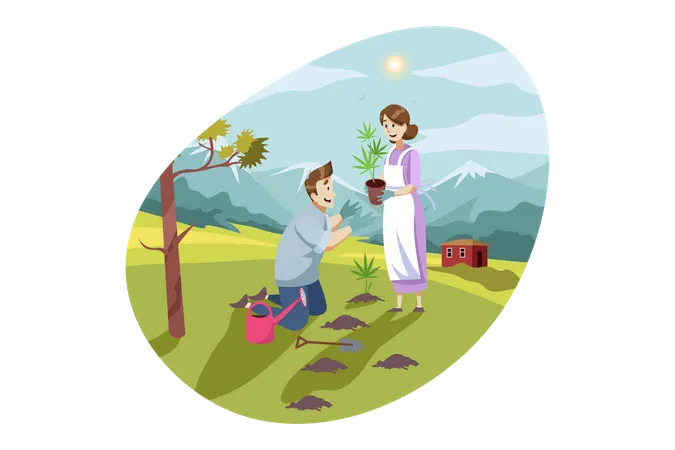 Couple doing plantation and planting tree together  Illustration