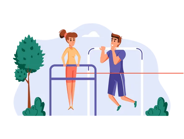 Couple doing pullups in park Illustration