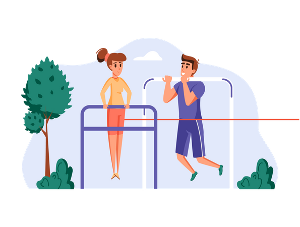 Couple doing pullups in park  Illustration