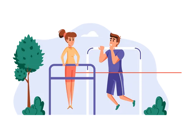 Couple doing pullups in park  Illustration