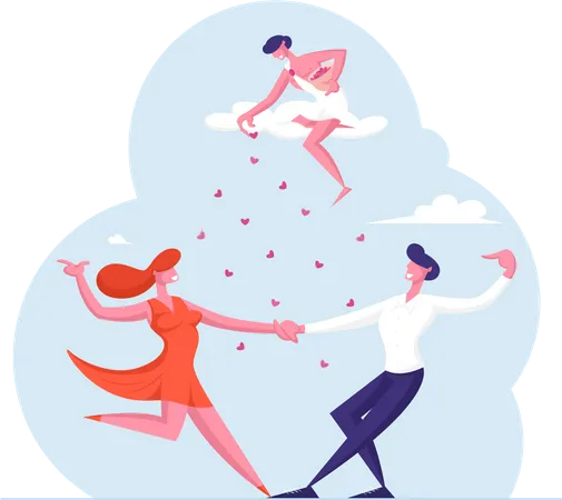 Love Relations Concept Happy Loving Couple Sparetime Cheerful Man And Woman Characters Spend Time Together Dancing And Rejoice With Cupid Throw Hearts From Sky Cartoon Flat Vector Illustration Illustration
