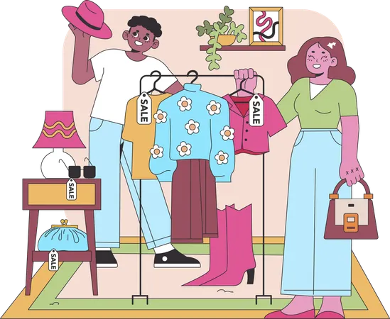 Couple doing second handed clothes shopping at shopping store  Illustration