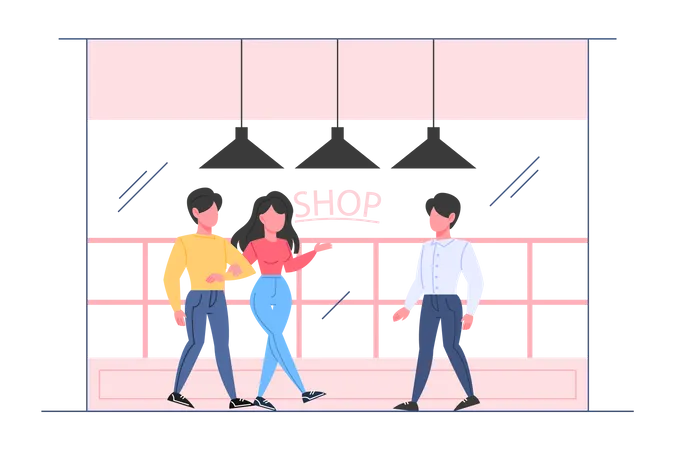 Empty Store Room Interior Counter Shelves And Exposition Visitors In The Shop Vector Flat Illustration Illustration