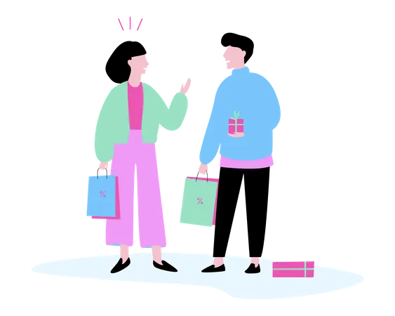 Couple Of People With Shopping Bag Around Big Sale And Discount Vector Illustration In Cartoon Style Illustration