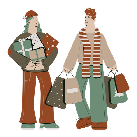 Couple doing shopping in Christmas sale  일러스트레이션