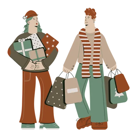 Couple doing shopping in Christmas sale  Illustration