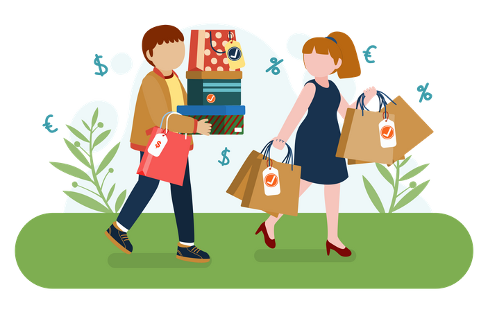 Couple doing shopping with consumer rights  Illustration