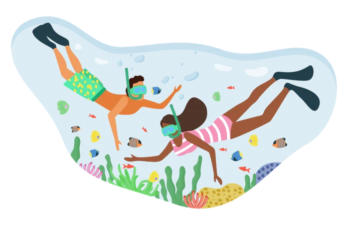 Couple Of People Wearing Bathing Suits And Swimming Goggles Snorkeling In Turquoise Water Underwater Life Coral Reef With Fish And Water Plants Vector Illustration