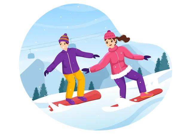 Couple doing Snowboarding  Illustration