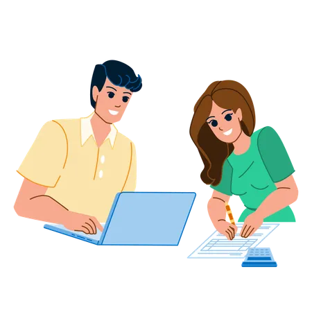 Couple Doing Taxes Vector Budget Man Finance Woman Laptop Bill Family Home Computer Money Paperwork Couple Doing Taxes Character People Flat Cartoon Illustration Illustration