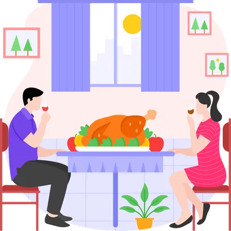 Couple doing thanksgiving dinner  Illustration