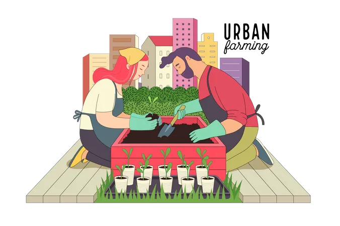 Couple doing Urban farming and gardening  Illustration