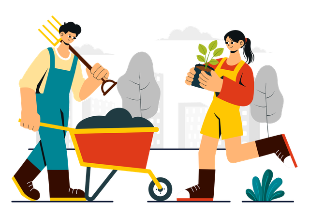 Couple doing Urban Gardening  Illustration