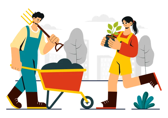 Couple doing Urban Gardening  Illustration