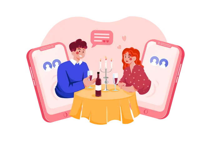 Couple doing virtual date on dating app  일러스트레이션