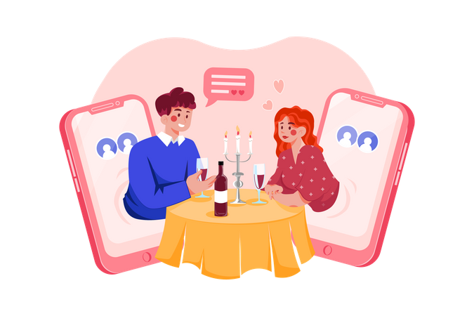 Couple doing virtual date on dating app  Illustration