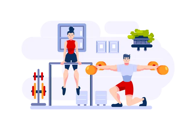 Couple doing weight lifting in the gym Illustration