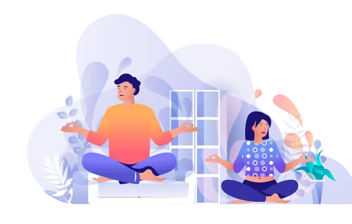 Couple Doing Yoga At Home Scene Man And Woman Sitting In Lotus Position Healthy Lifestyle Meditation And Contemplation Wellness Concept Vector Illustration Of People Characters In Flat Design Illustration