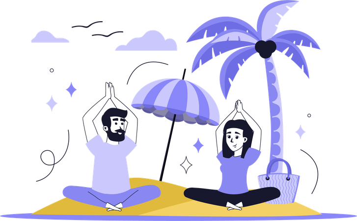 Couple doing yoga on beach  Illustration