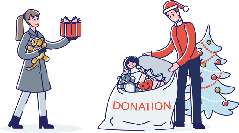 Couple donating toys during Christmas Illustration