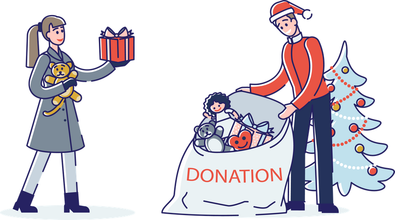 Couple donating toys during Christmas  イラスト