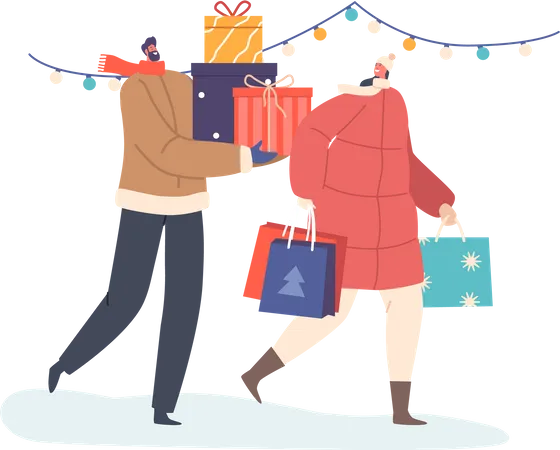 Happy Couple Man And Woman Carry Gift Boxes Wrapped With Festive Bow And Bags Characters Prepare Presents For Family And Friends On Winter Holidays Celebration Cartoon People Vector Illustration Illustration