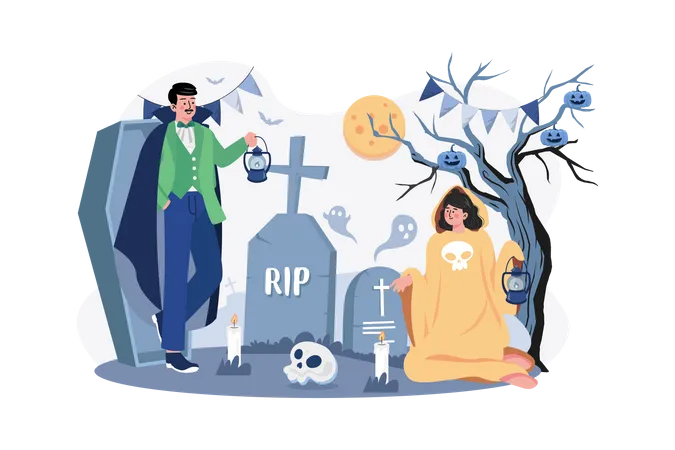 Couple dressed as demons near tombstone Illustration