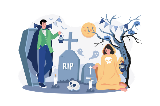 Couple dressed as demons near tombstone  Illustration