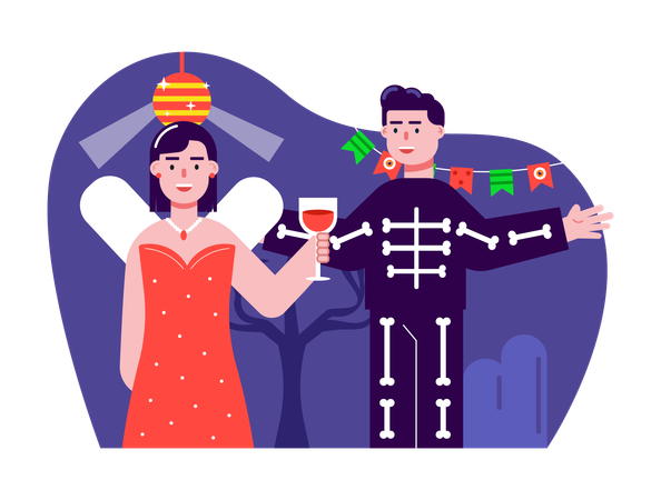 Couple dressed for Halloween costume party  Illustration