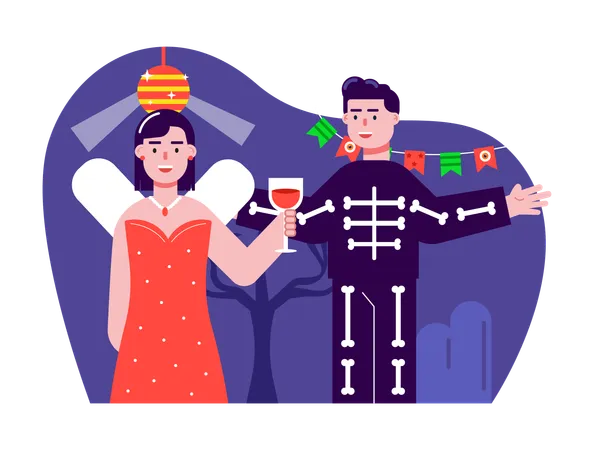 Couple dressed for Halloween costume party  Illustration