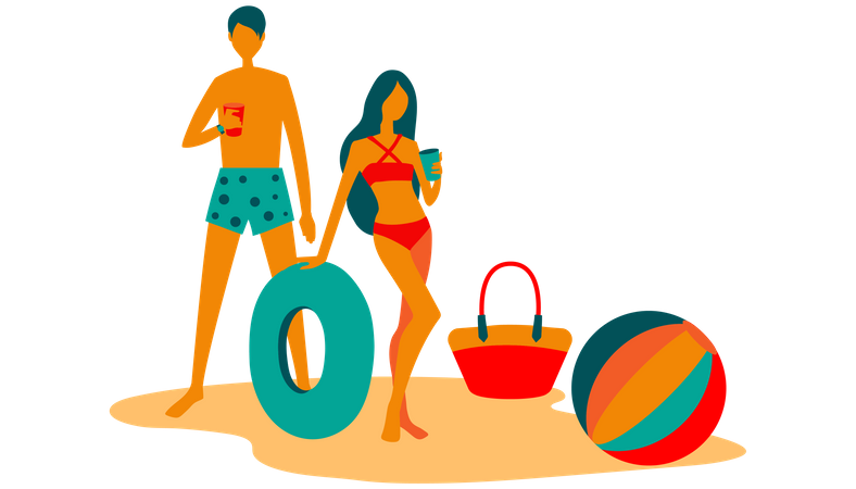 Couple drink on beach dress with beach ball and ring Illustration