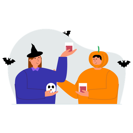 Couple drink wine to celebrate halloween Illustration