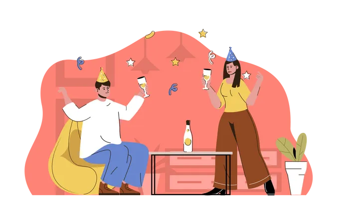 Party Started Concept Man And Woman In Festive Cones Drinking And Having Fun Situation Celebrating Holiday People Scene Vector Illustration With Flat Character Design For Website And Mobile Site 일러스트레이션