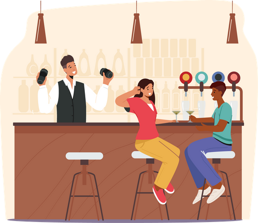 Couple drinking champagne at bar Illustration