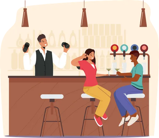 People Visiting Night Club Or Beer Pub Concept Male And Female Characters Sit At High Chairs Drinking Cocktail Alcohol Beverages On Bar Counter With Bottles On Shelves Cartoon Vector Illustration Illustration