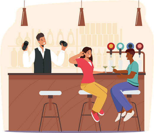 Couple drinking champagne at bar  Illustration