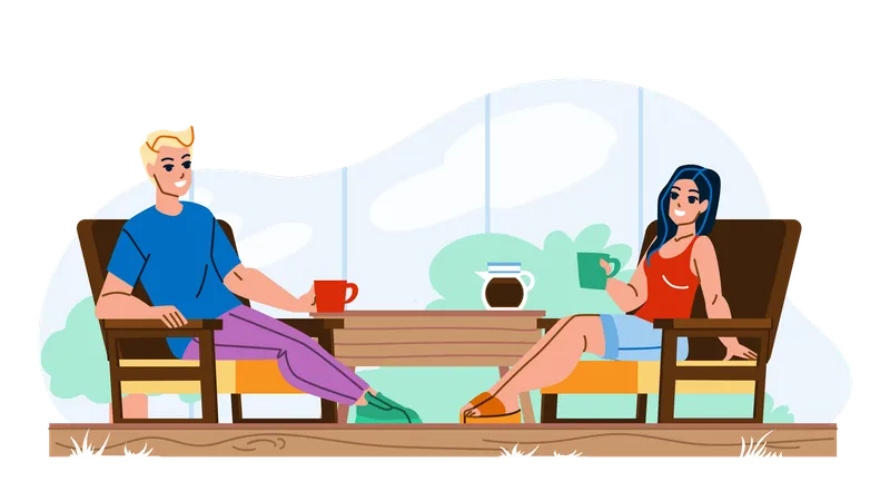 Couple drinking coffee at balcony terrace  Illustration