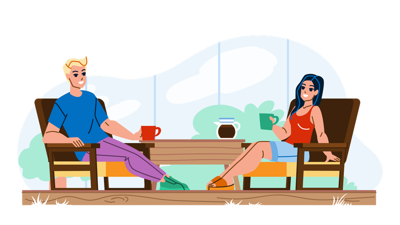 Couple drinking coffee at balcony terrace  Illustration