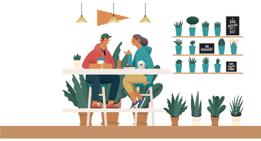 Couple drinking coffee in coffee shop Illustration
