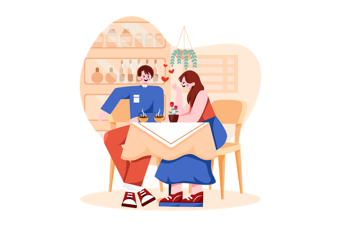 Couple Drinking Coffee In Coffee Shop Illustration