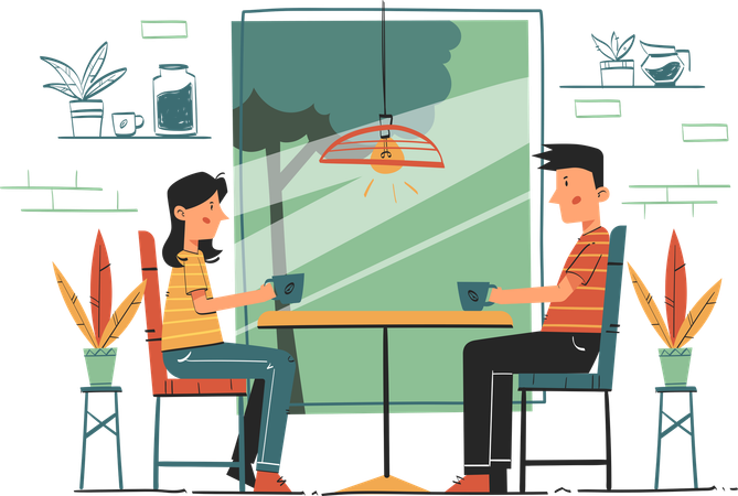 Couple Drinking Coffee in Coffee Shop  Illustration