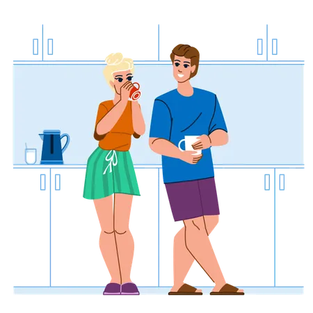 Couple drinking coffee in kitchen  Illustration