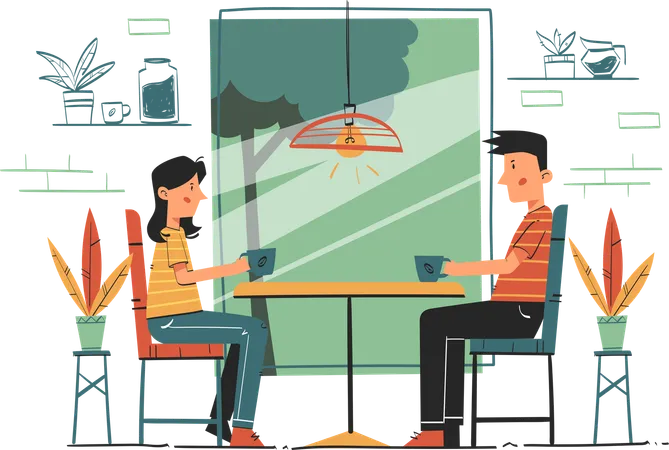 Couple Drinking Coffee in Coffee Shop  Illustration