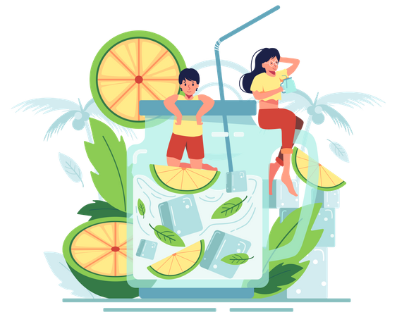 Couple drinking lemon juice in summer vacation Illustration