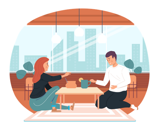Couple drinking tea together at home Illustration