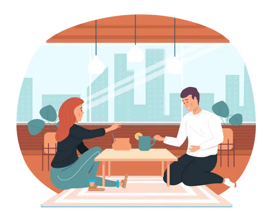 Couple Drinking Tea Together At Home Girl Treats And Communicates With Guy Man Spends Time With His Girlfriend In Apartment Self Medicating People Spending Time Together At Home Vector Illustration Illustration