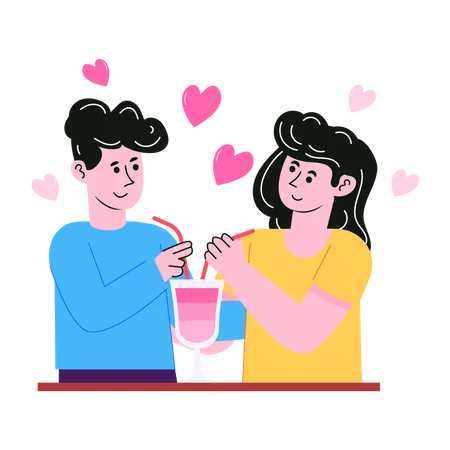 Couple drinking together from one drink  Illustration