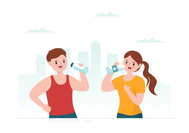 People Drinking Water From Plastic Bottles And Glasses With Pure Clean Fresh Concept In Flat Cartoon Hand Drawn Templates Illustration Illustration